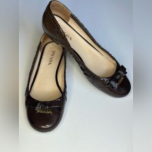 Authentic Prada Dark Brown Patent Leather Bow Ballet Flats